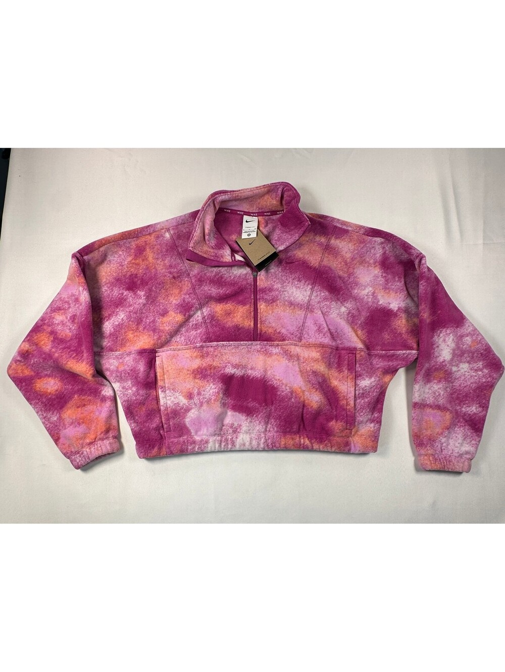 NWT Nike One Therma-FIT Oversized 1/2-Zip Fleece Top Small Pink Tie Dye Cropped